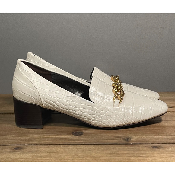 Tory Burch Women's Jessa Heeled Loafers Size 7.5 White Leather Croc Embossed - Picture 1 of 16